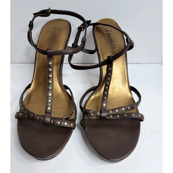 7 Orchids Brown Studded T-Straps Slingback Sandel Heels Size 10 - Picture 1 of 9